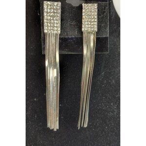 1980's Style Shoulder Duster Earrings, Silver Tone, Rhinestone, Retro Inspired